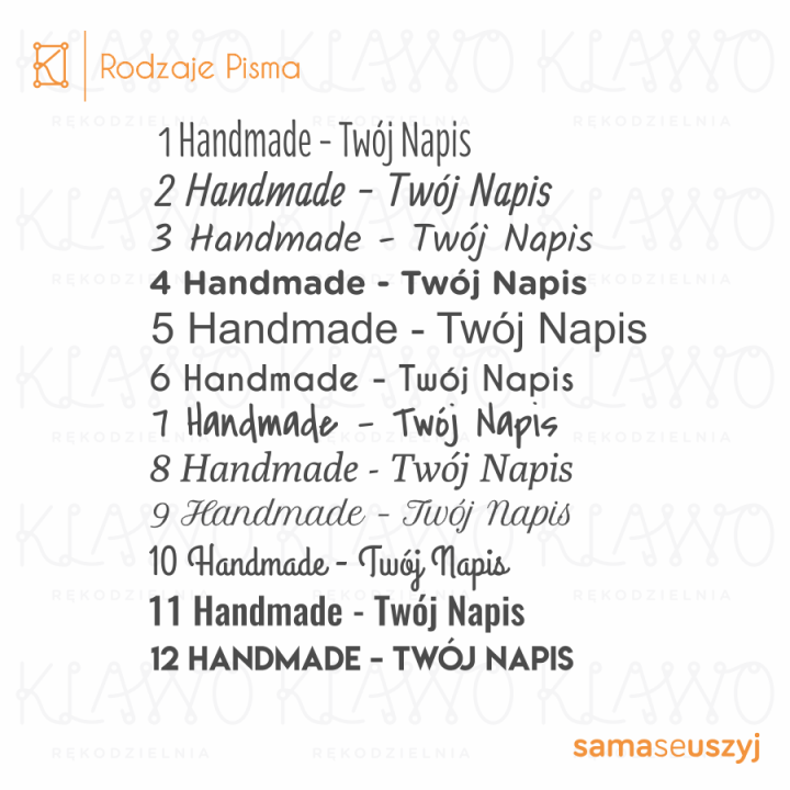 Katalog dostępnych krojów pisma do personalizacji pieczątki – od fontów nowoczesnych po ozdobną kaligrafię.