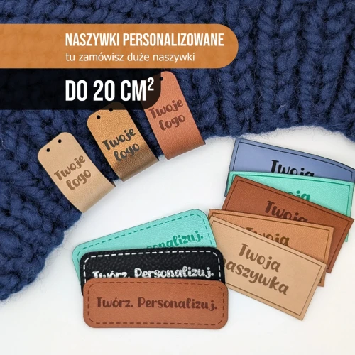 Duze personalizowane naszywki z ekoskory z logo firmy 20cm2 wyraziste metki ze sztucznej skory.webp